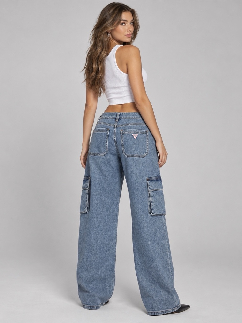 Y2K 90s Guess Woman Blue Denim Baggy Wide Leg Cargo Jeans US24 Grunge Streetwear